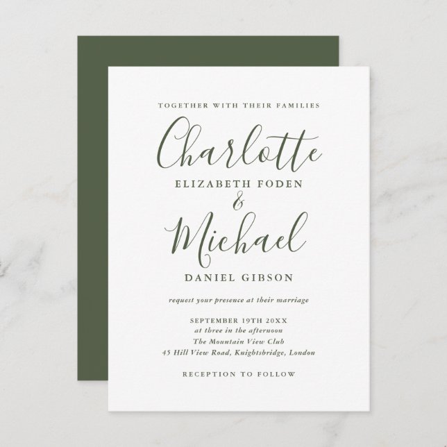 Minimalist Olive Green Script Wedding Invitation (Front/Back)