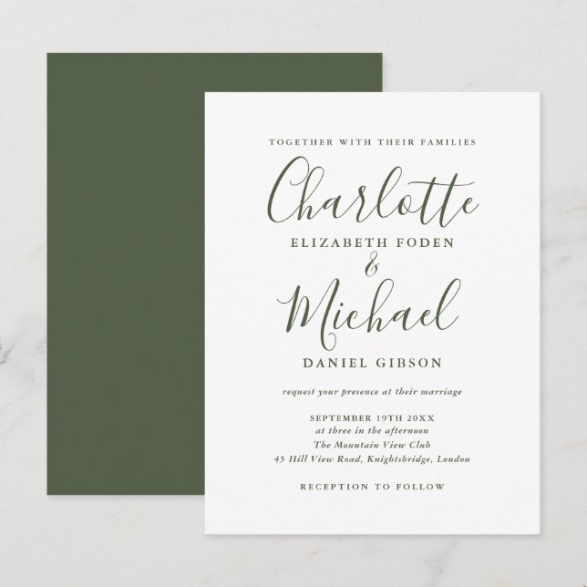 Minimalist Olive Green Script Wedding Invitation Postcard (Front/Back)
