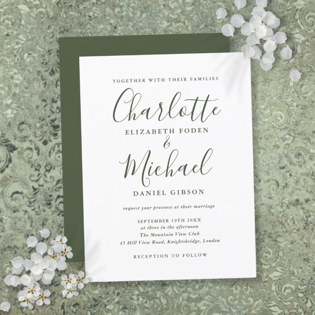 Minimalist Olive Green Script Wedding Invitation Postcard (Minimalist Olive Green Script Wedding Invitation)