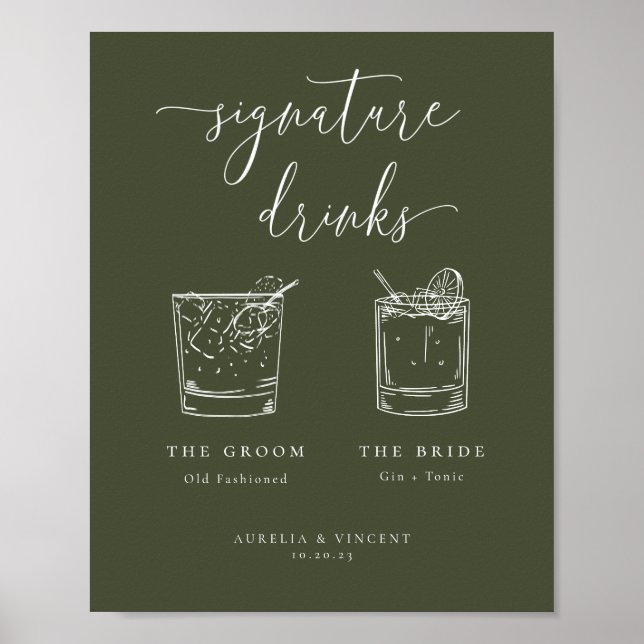 Minimalist Olive Green Signature Drinks Poster (Front)