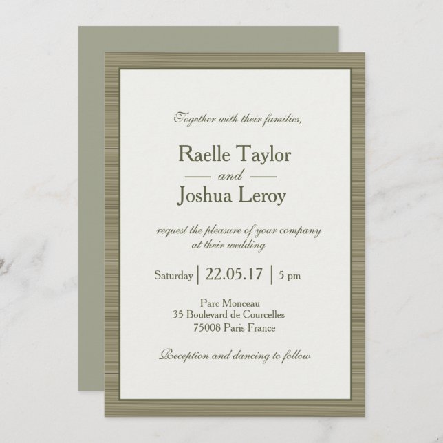 Minimalist olive green stripes modern zen wedding invitation (Front/Back)