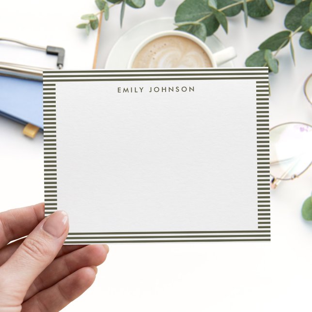 Minimalist Olive Green Stripes Monogram Card (Creator Uploaded)