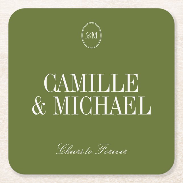 Minimalist Olive Green Wedding Monogram  Square Paper Coaster (Front)