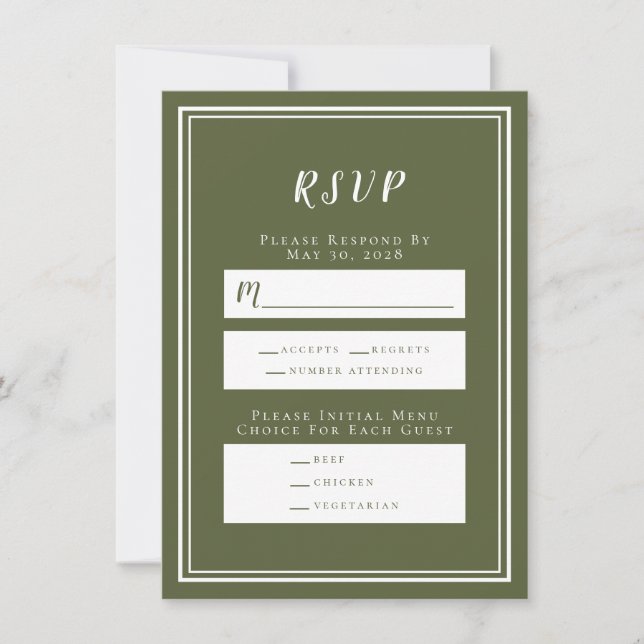 Minimalist Olive Green Wedding RSVP Menu Card (Front)