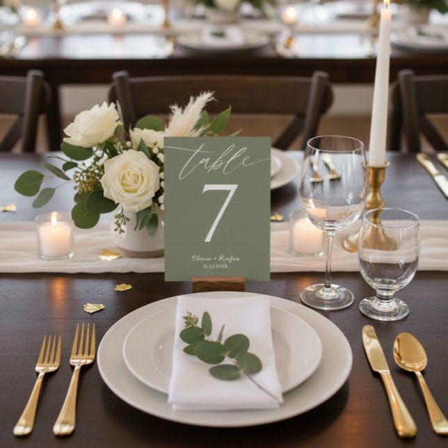 Minimalist Olive Green Wedding Table Number Card  (Creator Uploaded)