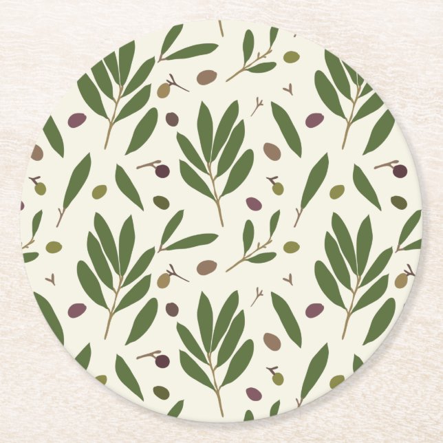 Minimalist Olives and Branches - seamless pattern. Round Paper Coaster (Front)