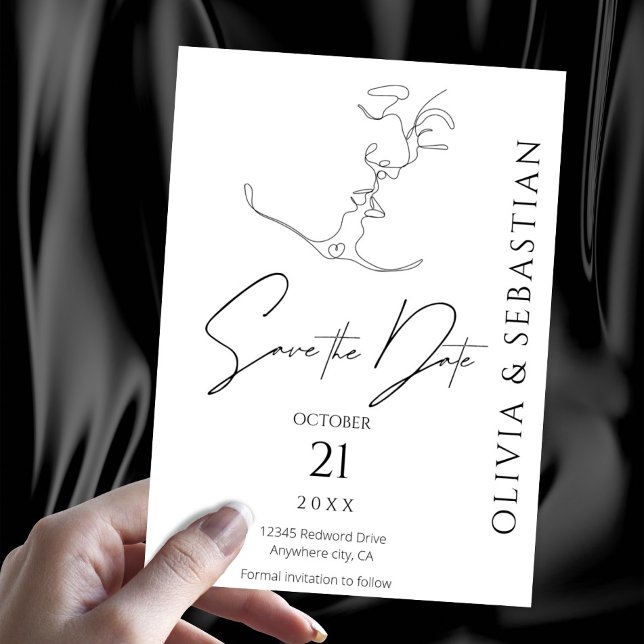 Minimalist One Line Art Kissing Couple Wedding Save The Date (Creator Uploaded)