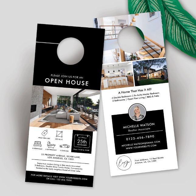 Minimalist Open House Invite Real Estate Agent Door Hanger (Minimalist modern real estate house for sale marketing door hanger with photos and custom text)