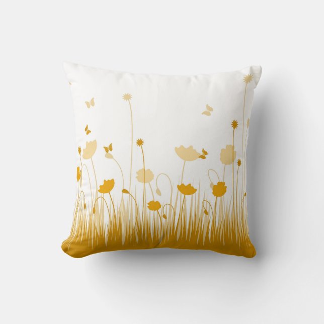Minimalist Orange and White Poppies Meadow Floral Cushion (Front)