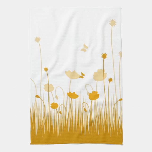 Minimalist Orange and White Poppies Meadow Floral Tea Towel (Vertical)