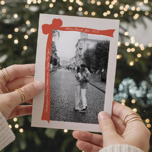 Minimalist Orange Bow Retro Photo Christmas Holiday Card