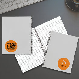 Minimalist Orange Dot Initials Grey Notebook