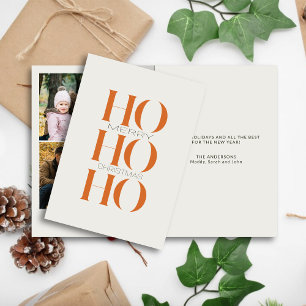Minimalist Orange "HO HO HO" Photo Christmas  Holiday Card