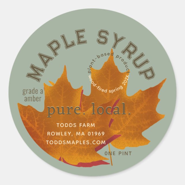 Minimalist Orange Leaf Maple Syrup with Logo Classic Round Sticker (Front)