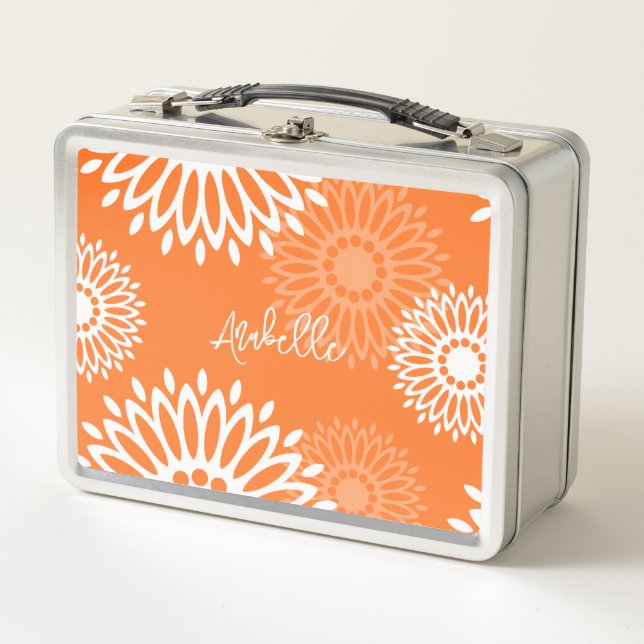 Minimalist Orange Mandala Geometric Floral Name Metal Lunch Box (Front)