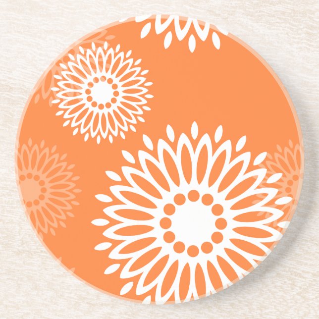 Minimalist Orange Mandala Geometric Floral Pattern Coaster (Front)