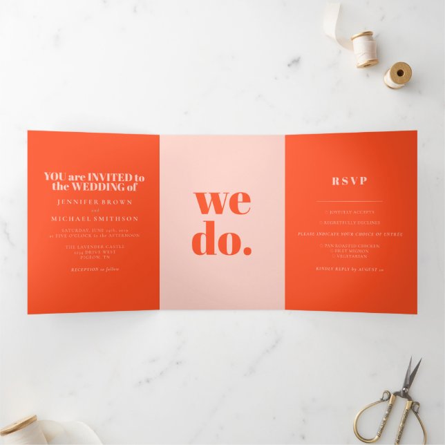 Minimalist Orange Pink Formal Wedding Tri-Fold Card (Inside)