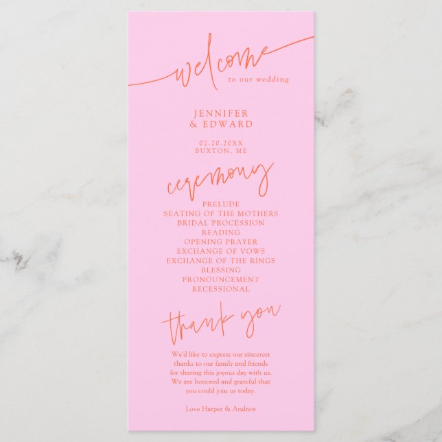 Minimalist Orange Pink Wedding Ceremony Program Programme (Front)
