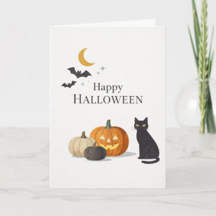 Minimalist Orange Pumpkin Black Cat Halloween  Card