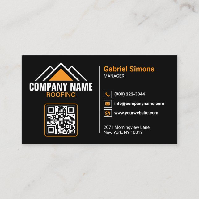 Minimalist Orange Roofing QR Code Building Business Card (Front)