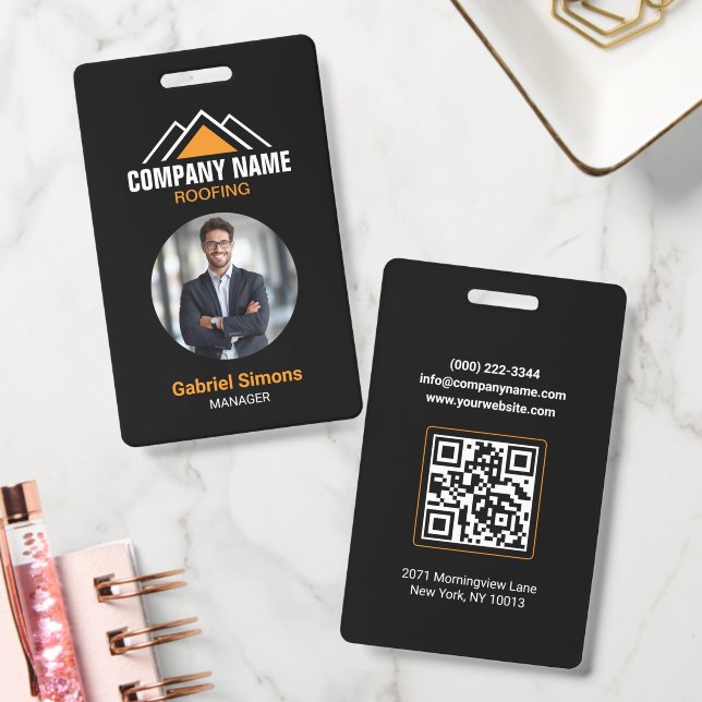 Minimalist Orange Roofing QR Code Building ID Badge (Office)