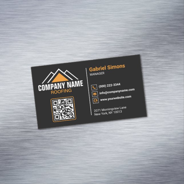Minimalist Orange Roofing QR Code Building Magnetic Business Card (In Situ)