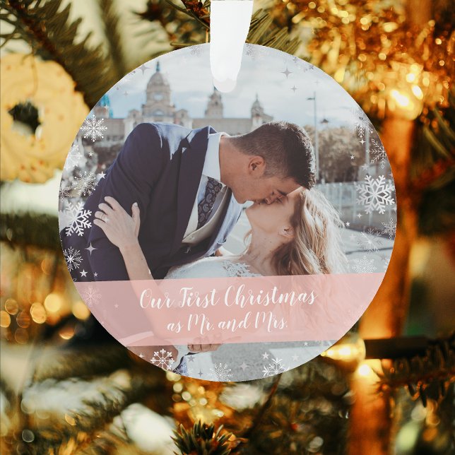 Minimalist Our First Christmas Mr. & Mrs. 2 Photos Ornament (Our First Christmas as Mr. & Mrs. Elegant Modern Minimalist Personalized Names 2 Photos Snowflakes)