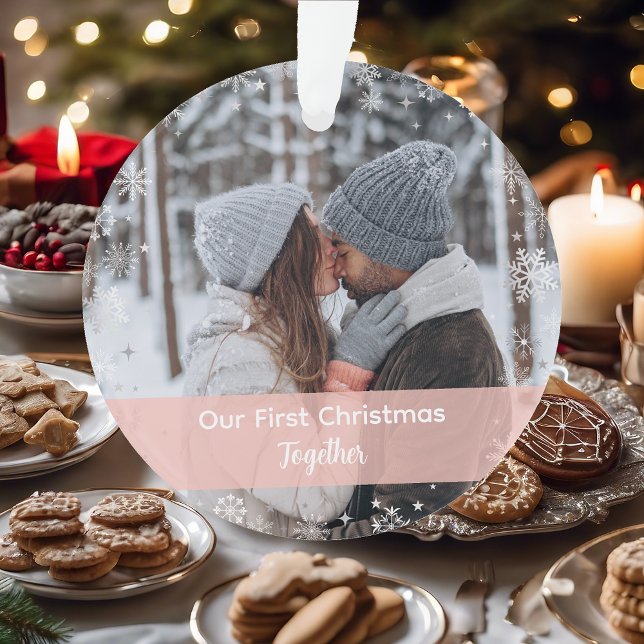 Minimalist Our First Christmas Together 2 Photos Ornament (Our First Christmas Together as a Couple. Cute, Modern, Elegant Christmas Ornament. 2 Photos. Snow)