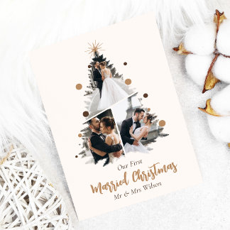 Minimalist Our First Married Christmas Three Photo Invitation