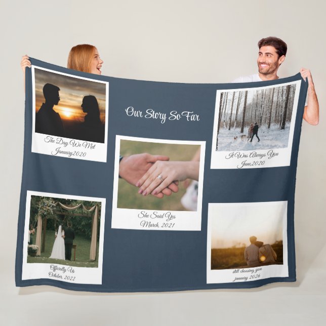 Minimalist Our Story Photo Timeline 5 Polaroid Fleece Blanket (In Situ)