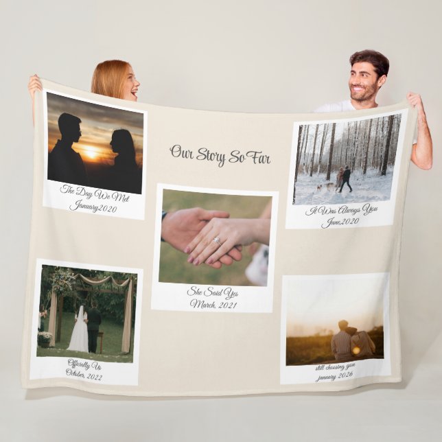 Minimalist Our Story Photo Timeline 5 Polaroid Fleece Blanket (In Situ)