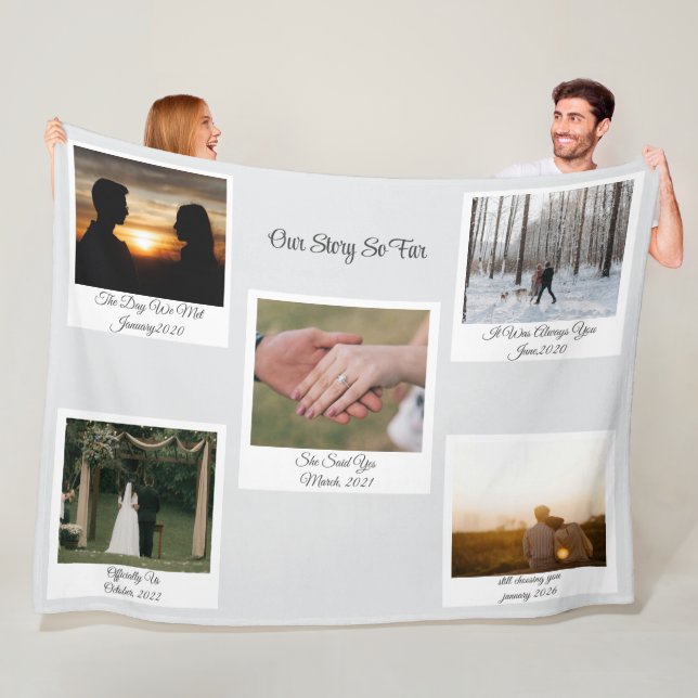 Minimalist Our Story Photo Timeline 5 Polaroid Fleece Blanket (In Situ)