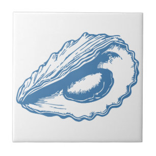 Minimalist Oyster Line Art Blue Outline Coastal Tile