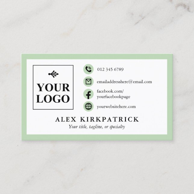 Minimalist Pale Green Icons Border & Your Logo Business Card (Front)
