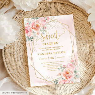 Minimalist Pale Pink Gold Peonies Sweet 16 Invites