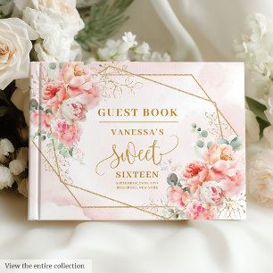 Minimalist Pale Pink Gold Peonies Sweet Sixteen  Guest Book