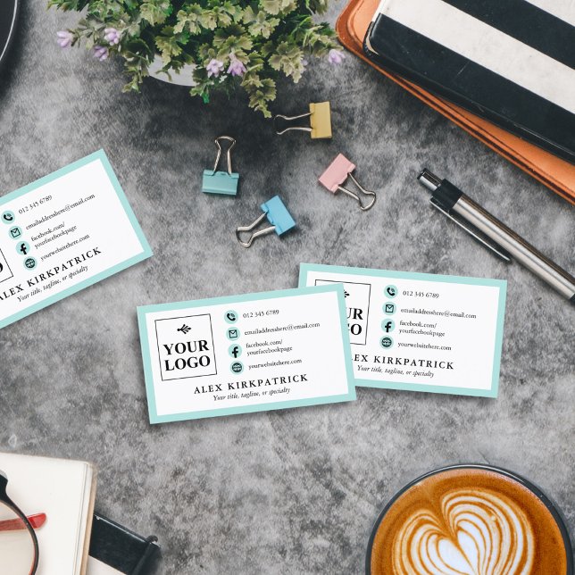 Minimalist Pale Turquoise Icons Border & Your Logo Business Card (Creator Uploaded)