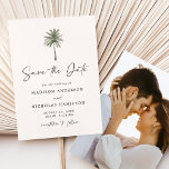Minimalist Palm Tree Photo Wedding Save The Date<br><div class="desc">Tropical wedding save the date cards featuring a single palm tree illustration at the top of the design with an ivory background. Personalise the palm tree save the date with your names and wedding details in black lettering with a modern hand-lettered script accenting the design. The simple tropical save the...</div>