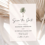 Minimalist Palm Tree Wedding Save The Date<br><div class="desc">Tropical wedding save the date cards featuring a single palm tree illustration at the top of the design with an ivory background. Personalise the palm tree save the date with your names and wedding details in black lettering with a modern hand-lettered script accenting the design. The simple tropical save the...</div>