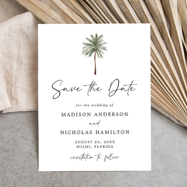 Minimalist Palm Tree Wedding Save the Date Announcement Postcard (Creator Uploaded)