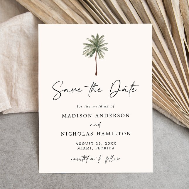 Minimalist Palm Tree Wedding Save the Date Announcement Postcard (Creator Uploaded)