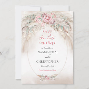Minimalist pampas and dusty rose wreath sage green save the date