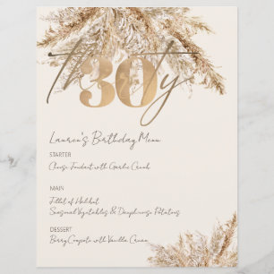 Minimalist Pampas Gold 30th Birthday Party Menu