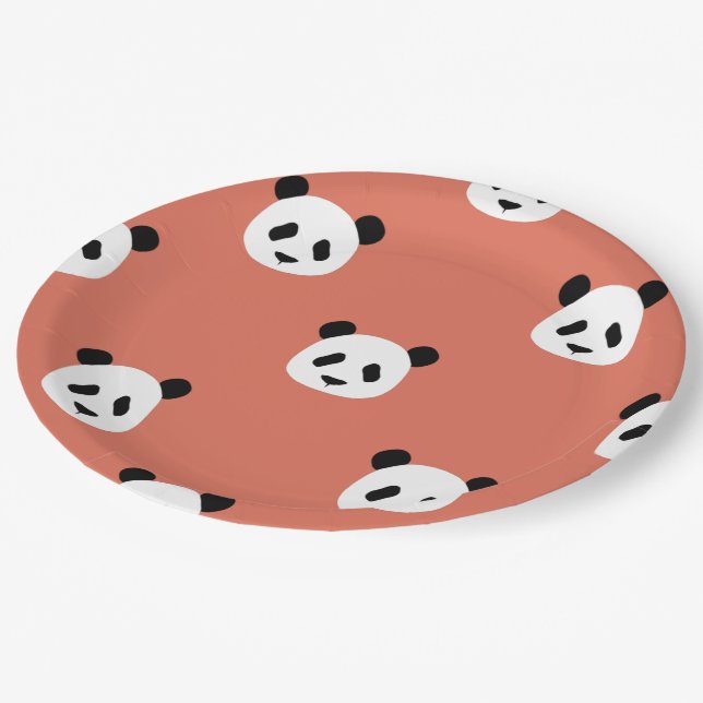 Minimalist Panda Pattern - Terracotta Red Paper Plate (Angled)