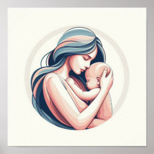 Minimalist Pastel Art of Mum with Baby Poster