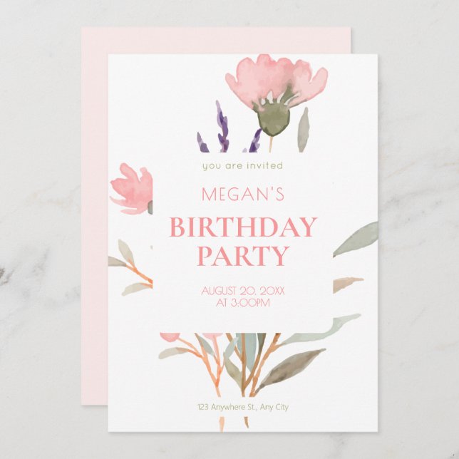 Minimalist Pastel Floral Watercolor birthday Invitation (Front/Back)