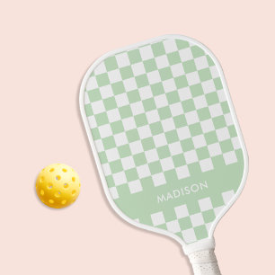 Minimalist Pastel Green Checkered Monogram Pickleball Paddle