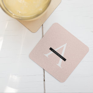 Minimalist Pastel Pink Personalised Name Square Paper Coaster