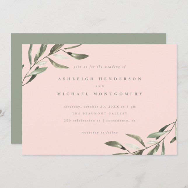 Minimalist Pastel Pink Sage Green Branches Wedding Invitation (Front/Back)