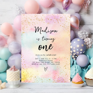 Minimalist Pastel Rainbow Gold Birthday Invitation